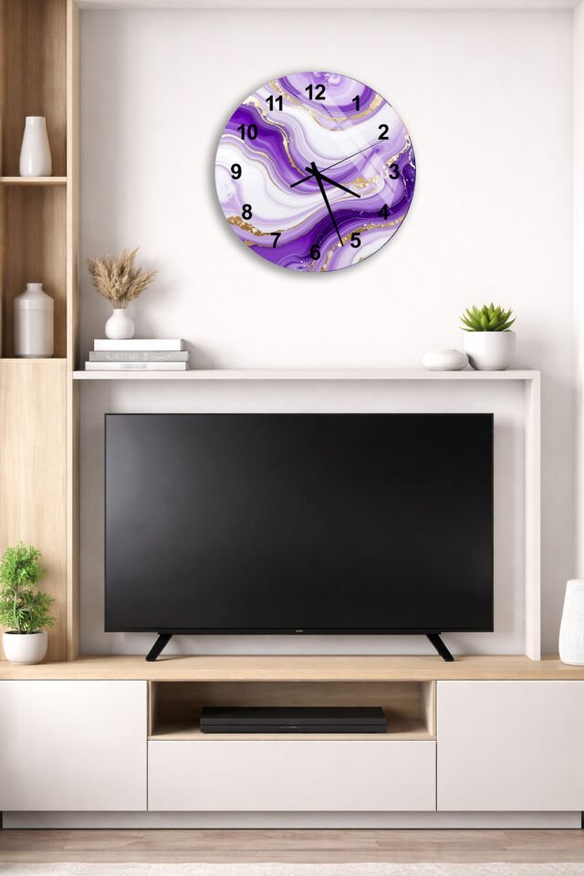 KIRILMAZ CAM DUVAR SAATİ, HEM TABLO HEM SAAT MOR MERMER ALTIN DETAYLI MODERN TASARIM EV OFİS HEDİYESİ