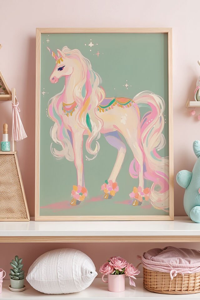 DOĞAL AHŞAP - Pastel Renkli Büyülü Unicorn Çocuk Odası Ahşap Çerçeveli Duvar Tablosu