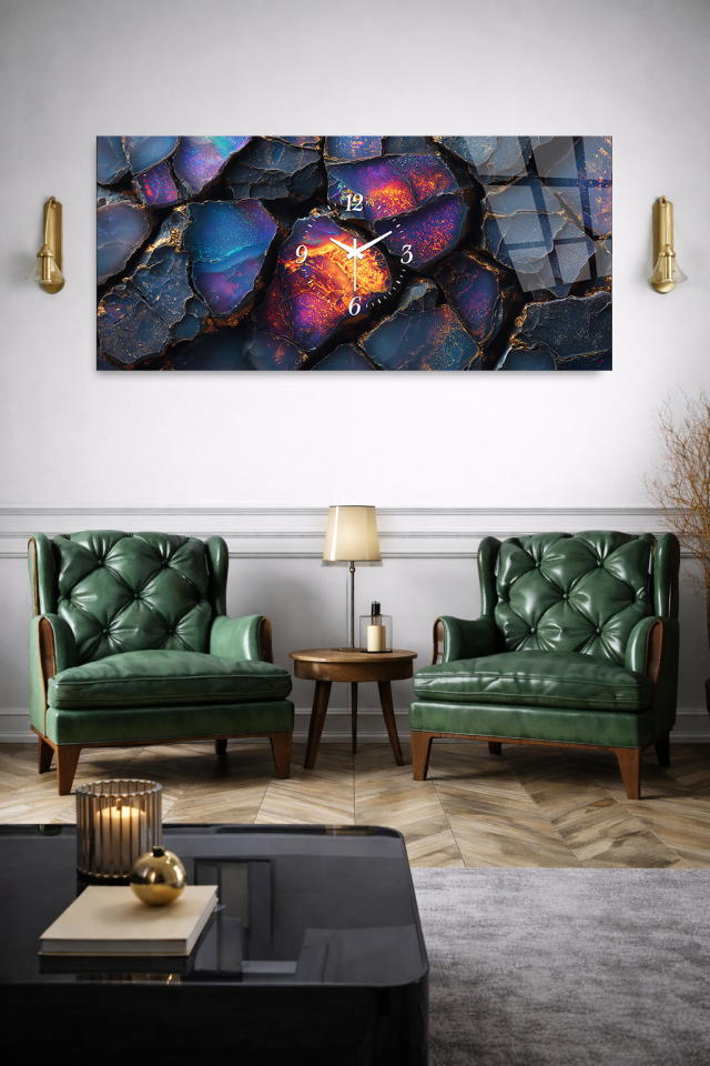 KIRILMAZ CAM DUVAR SAATİ , HEM TABLO HEM SAAT LAVA TAŞI SOYUT DESEN EV OFİS HEDİYESİ