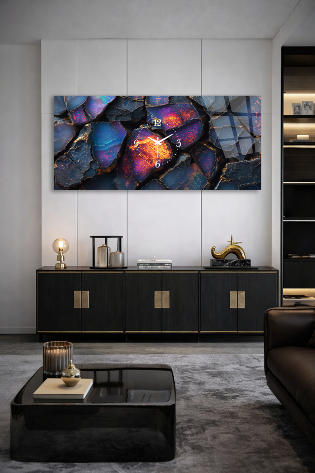 KIRILMAZ CAM DUVAR SAATİ , HEM TABLO HEM SAAT LAVA TAŞI SOYUT DESEN EV OFİS HEDİYESİ