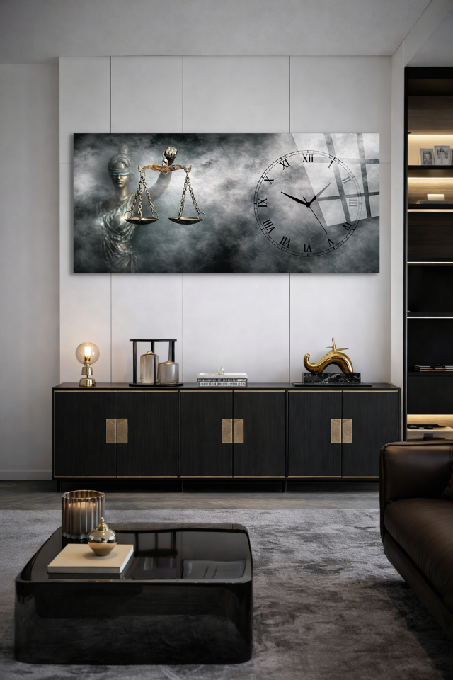KIRILMAZ CAM DUVAR SAATİ , HEM TABLO HEM SAAT ADALET TERAZİSİ TASARIM EV OFİS HEDİYESİ