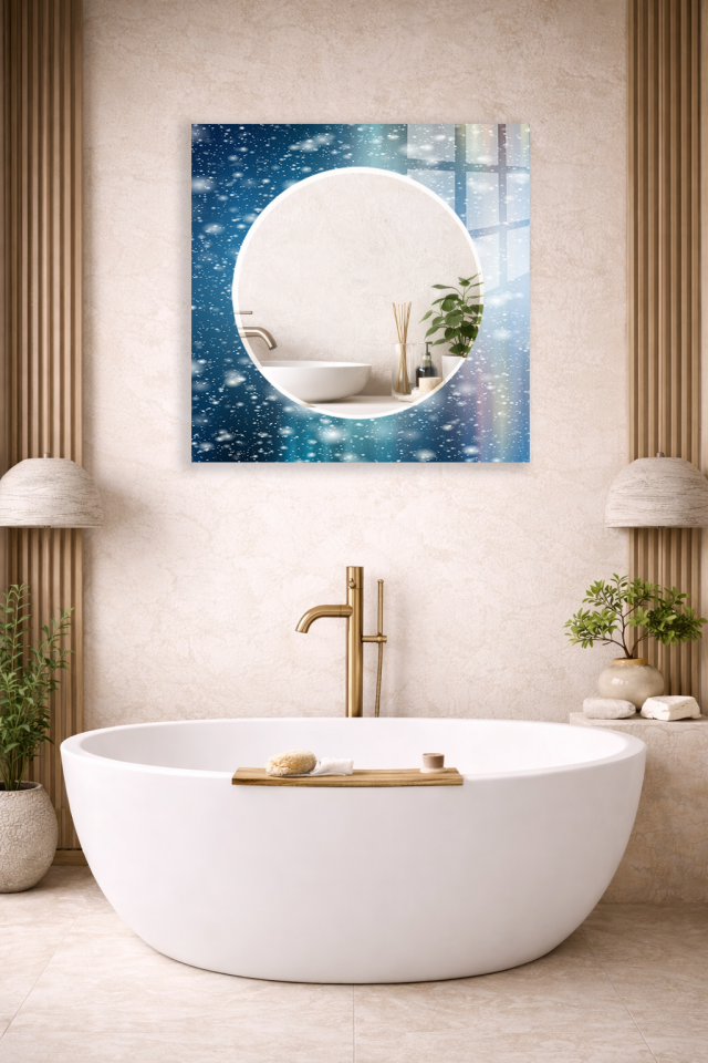 HEM TABLO HEM AYNA MAVİ KAR TANESİ KOZMİK DESEN CAM DUVAR AYNASI EV DEKORU