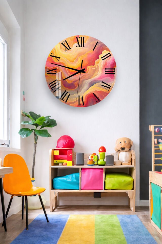 KIRILMAZ CAM DUVAR SAATİ, HEM TABLO HEM SAAT SICAK TON SOYUT SANATSAL TASARIM EV OFİS HEDİYESİ