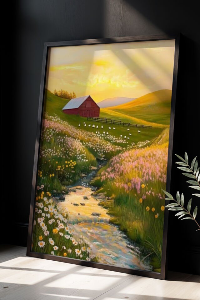 SİYAH - Doğal Ahşap Çerçeveli Soyut Kamp günü sanat baskısı Salon Duvar tablosu
