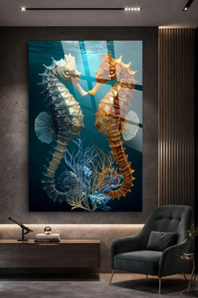 KIRILMAZ CAM TABLO , MODERN DUVAR DEKORASYONU DENİZATI OKYANUS SANAT TASARIM EV OFİS HEDİYESİ