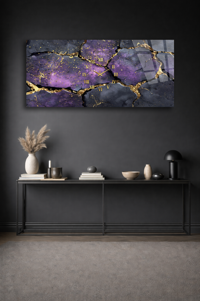 KIRILMAZ CAM DUVAR SAATİ , HEM TABLO HEM SAAT MOR ALTIN DAMARLI MERMER EV OFİS HEDİYESİ