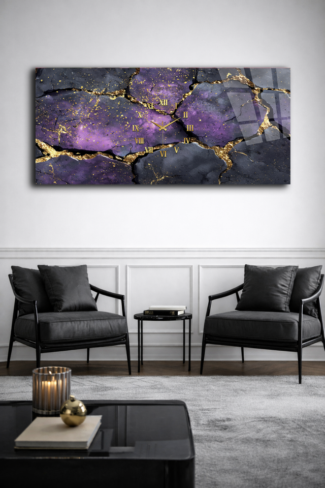 KIRILMAZ CAM DUVAR SAATİ , HEM TABLO HEM SAAT MOR ALTIN DAMARLI MERMER EV OFİS HEDİYESİ