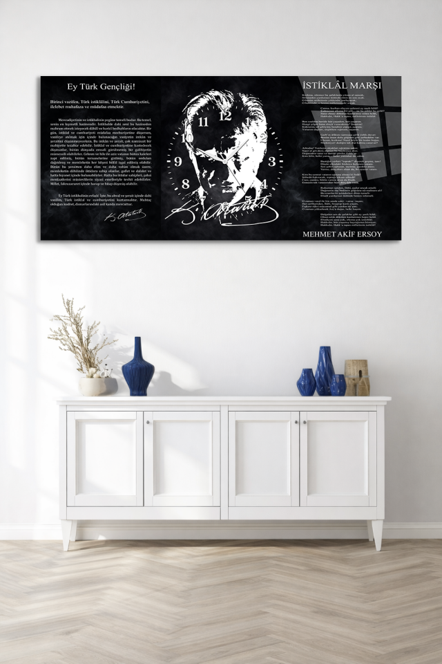 KIRILMAZ CAM DUVAR SAATİ , HEM TABLO HEM SAAT ATATÜRK İMZALI SANATSAL TASARIM EV OFİS HEDİYESİ