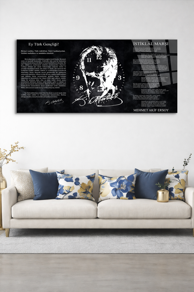 KIRILMAZ CAM DUVAR SAATİ , HEM TABLO HEM SAAT ATATÜRK İMZALI SANATSAL TASARIM EV OFİS HEDİYESİ