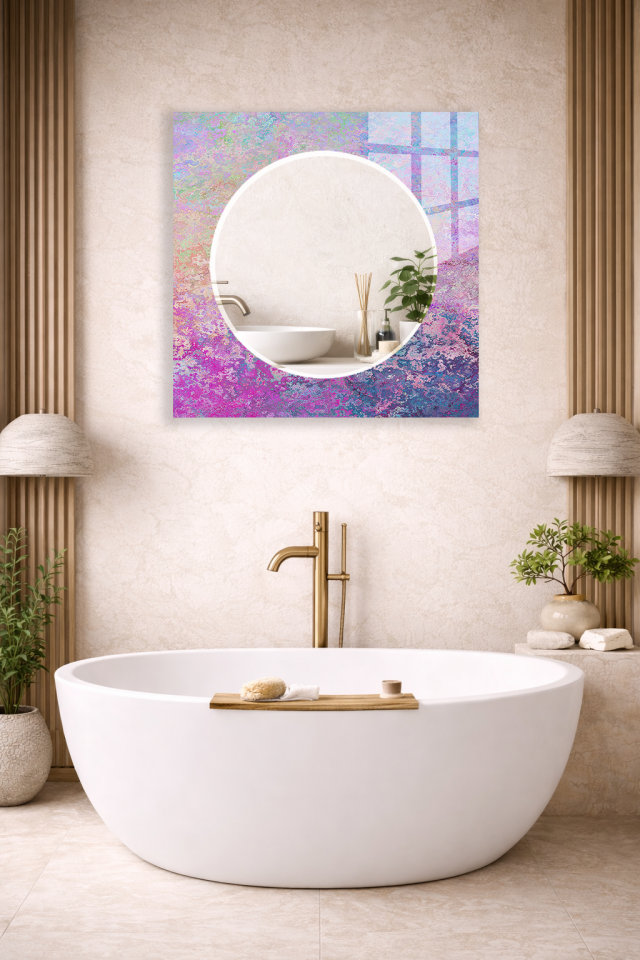 HEM TABLO HEM AYNA PEMBE MOR GRANÜL SOYUT DESEN CAM DUVAR AYNASI EV DEKORU