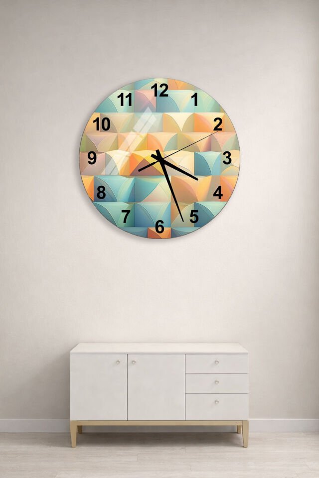 KIRILMAZ CAM DUVAR SAATİ, HEM TABLO HEM SAAT PASTEL GEOMETRİK MODERN TASARIM EV OFİS HEDİYESİ
