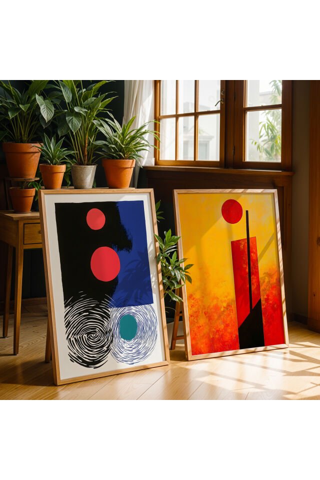 DOĞAL AHŞAP - Abstract Geometrik Denge İkili Doğal Ahşap Çerçeveli Duvar Tablo Seti