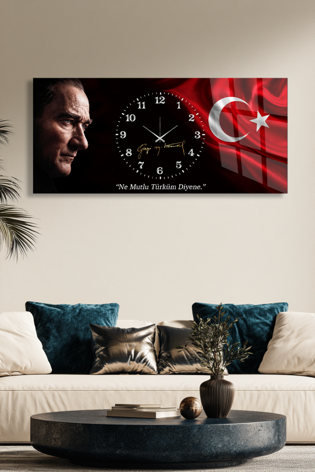 KIRILMAZ CAM DUVAR SAATİ, HEM TABLO HEM SAAT ATATÜRK TÜRK BAYRAKLI EV OFİS HEDİYESİ