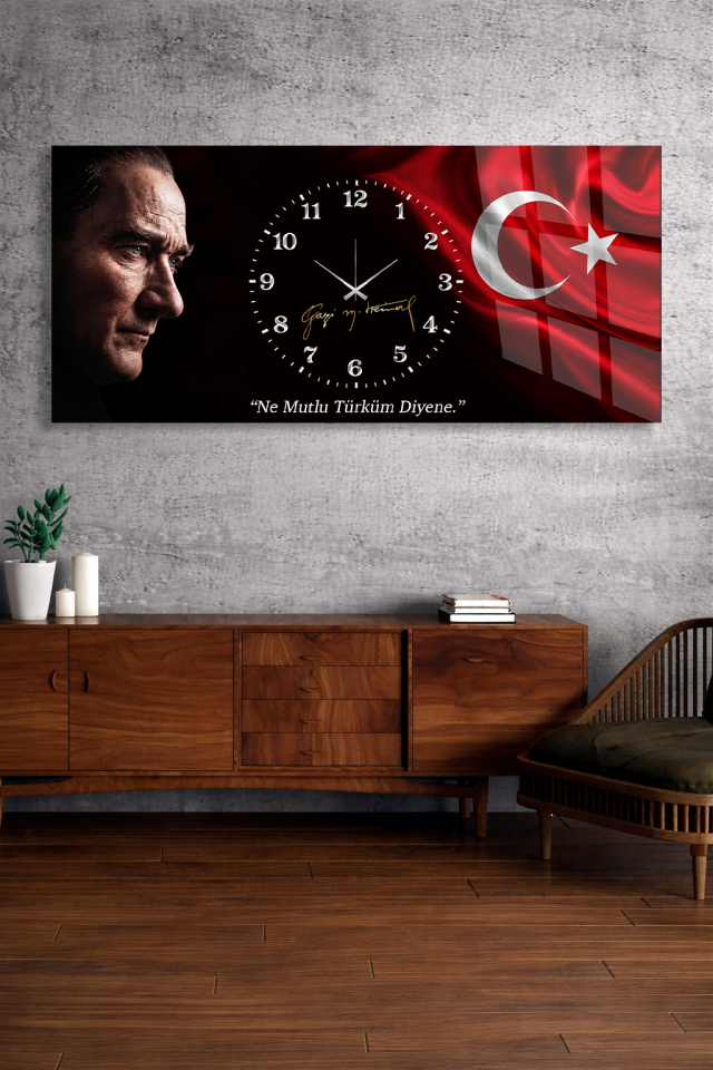 KIRILMAZ CAM DUVAR SAATİ, HEM TABLO HEM SAAT ATATÜRK TÜRK BAYRAKLI EV OFİS HEDİYESİ