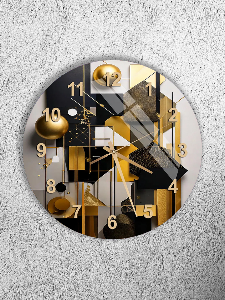 KIRILMAZ CAM DUVAR SAATİ, HEM TABLO HEM SAAT GEOMETRİK SİYAH ALTIN MODERN DEKOR TASARIM EV OFİS HEDİYESİ