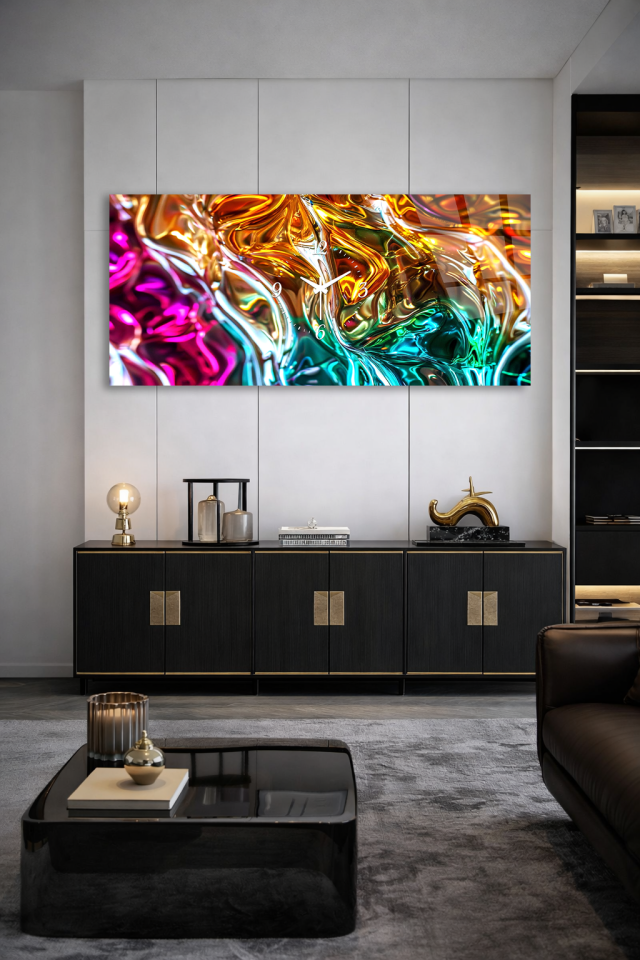 KIRILMAZ CAM DUVAR SAATİ , HEM TABLO HEM SAAT RENKLİ AKIŞKAN SOYUT SANAT EV OFİS HEDİYESİ