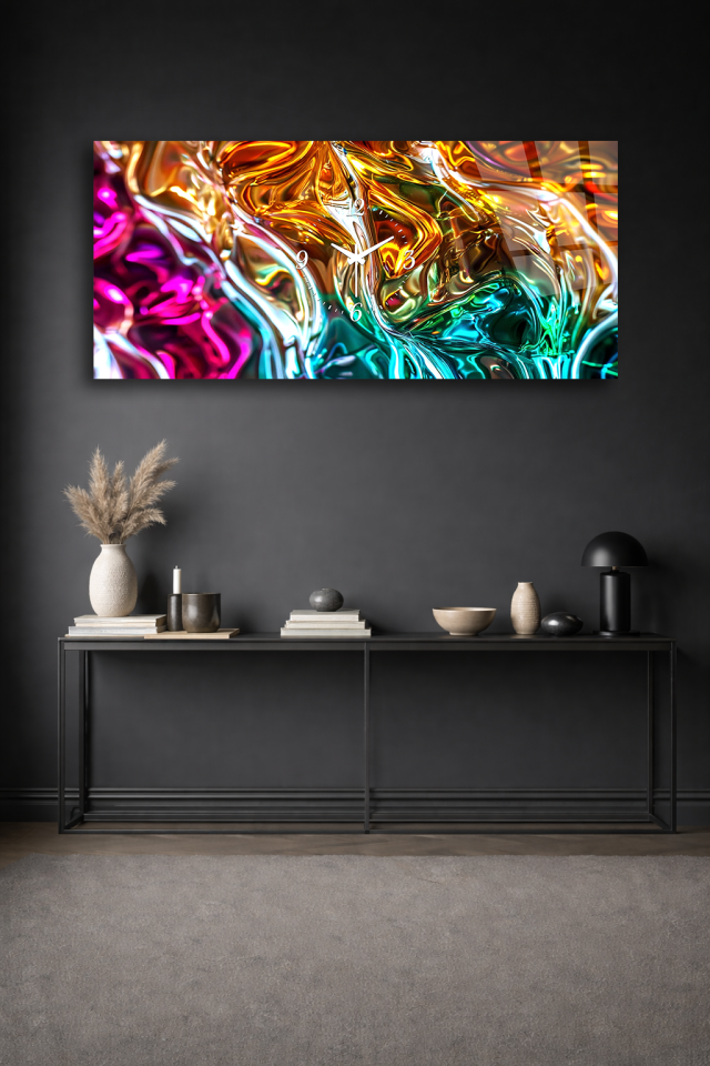 KIRILMAZ CAM DUVAR SAATİ , HEM TABLO HEM SAAT RENKLİ AKIŞKAN SOYUT SANAT EV OFİS HEDİYESİ