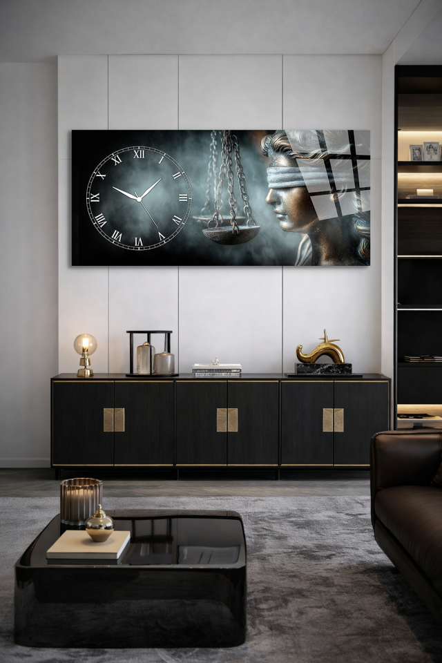 KIRILMAZ CAM DUVAR SAATİ , HEM TABLO HEM SAAT ADALET HEYKELİ FİGÜRLÜ TASARIM EV OFİS HEDİYESİ