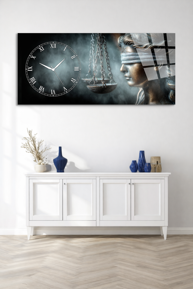 KIRILMAZ CAM DUVAR SAATİ , HEM TABLO HEM SAAT ADALET HEYKELİ FİGÜRLÜ TASARIM EV OFİS HEDİYESİ