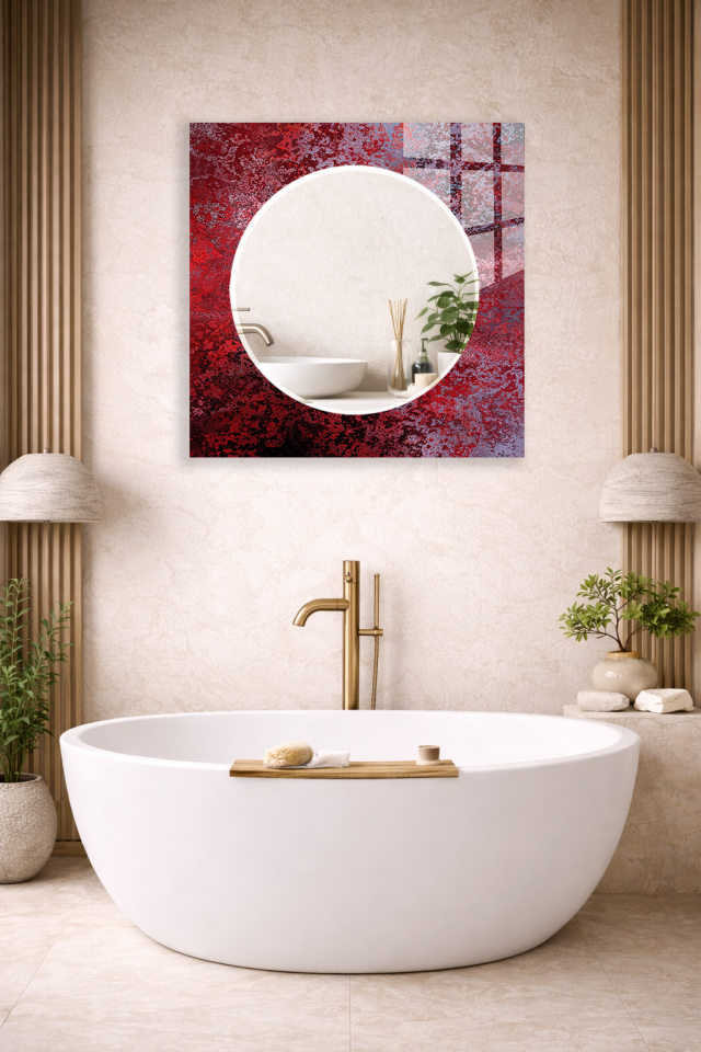 HEM TABLO HEM AYNA KIRMIZI SİYAH MERMER EFEKT DESEN CAM DUVAR AYNASI EV DEKORU