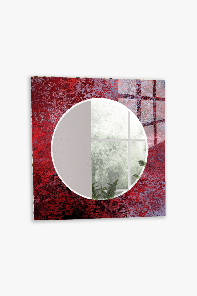 HEM TABLO HEM AYNA KIRMIZI SİYAH MERMER EFEKT DESEN CAM DUVAR AYNASI EV DEKORU