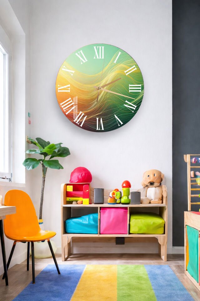 KIRILMAZ CAM DUVAR SAATİ, HEM TABLO HEM SAAT YEŞİL SARI AKIŞ SOYUT TASARIM EV OFİS HEDİYESİ