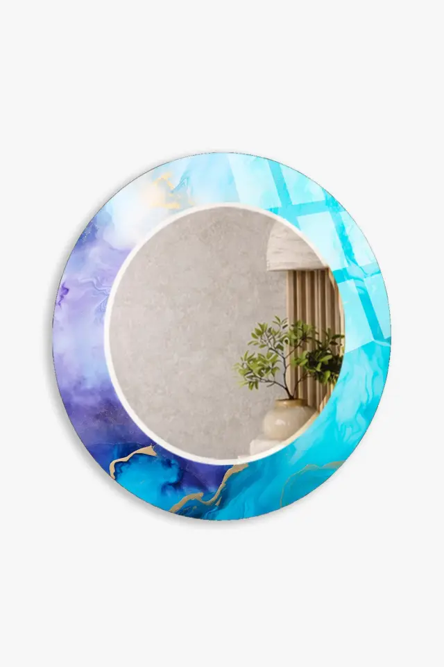 HEM TABLO HEM AYNA MAVİ MOR AKUAREL SOYUT CAM DUVAR AYNASI EV DEKORU