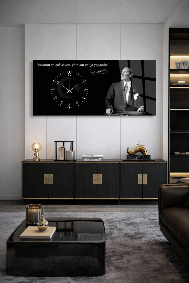 KIRILMAZ CAM DUVAR SAATİ, HEM TABLO HEM SAAT ATATÜRK SİYAH BEYAZ SÖZLÜ EV OFİS HEDİYESİ