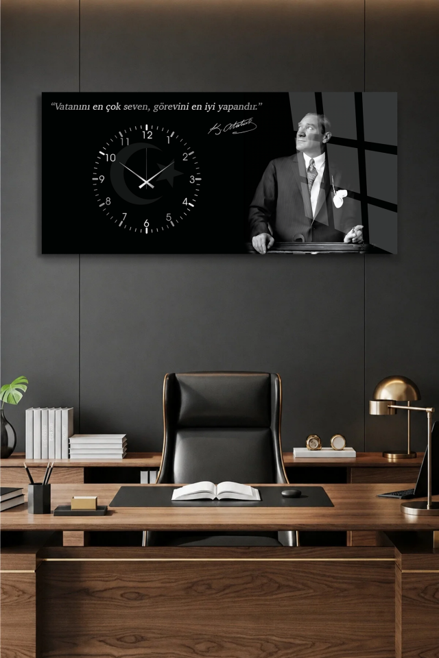KIRILMAZ CAM DUVAR SAATİ, HEM TABLO HEM SAAT ATATÜRK SİYAH BEYAZ SÖZLÜ EV OFİS HEDİYESİ