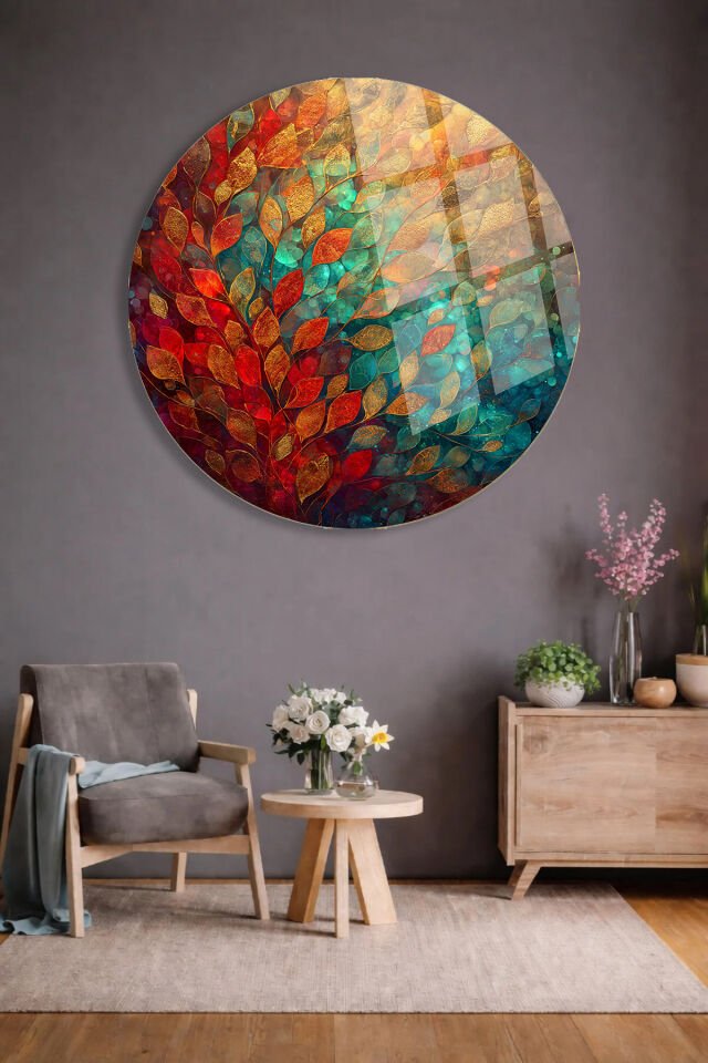 RENKLİ YAPRAK DESENLİ SANATSAL KIRILMAZ CAM TABLO DOĞA TEMALI EV OFİS HEDİYESİ ULTRA CANLI RENKLER Turkuaz