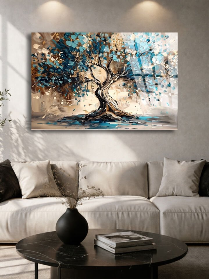 KIRILMAZ CAM TABLO , MODERN DUVAR DEKORASYONU SOYUT AĞAÇ MAVİ SANAT TASARIM EV OFİS HEDİYESİ
