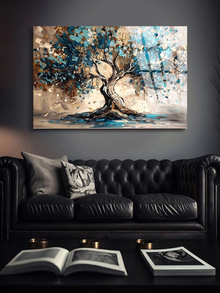 KIRILMAZ CAM TABLO , MODERN DUVAR DEKORASYONU SOYUT AĞAÇ MAVİ SANAT TASARIM EV OFİS HEDİYESİ