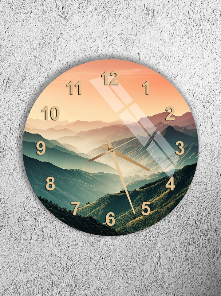 KIRILMAZ CAM DUVAR SAATİ, HEM TABLO HEM SAAT DAĞ MANZARALI GÜN BATIMI DOĞA TEMALI TASARIM EV OFİS HEDİYESİ