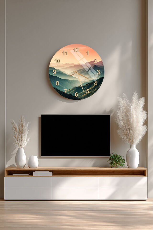 KIRILMAZ CAM DUVAR SAATİ, HEM TABLO HEM SAAT DAĞ MANZARALI GÜN BATIMI DOĞA TEMALI TASARIM EV OFİS HEDİYESİ