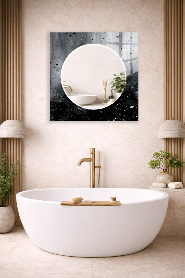 HEM TABLO HEM AYNA SİYAH BEYAZ MÜREKKEP SOYUT DESEN CAM DUVAR AYNASI EV DEKORU