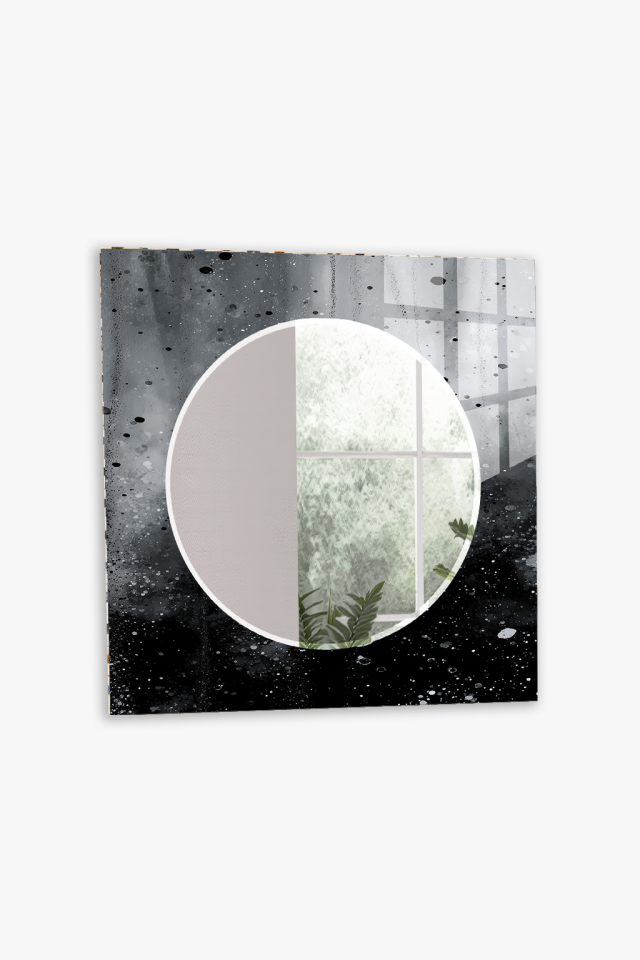 HEM TABLO HEM AYNA SİYAH BEYAZ MÜREKKEP SOYUT DESEN CAM DUVAR AYNASI EV DEKORU