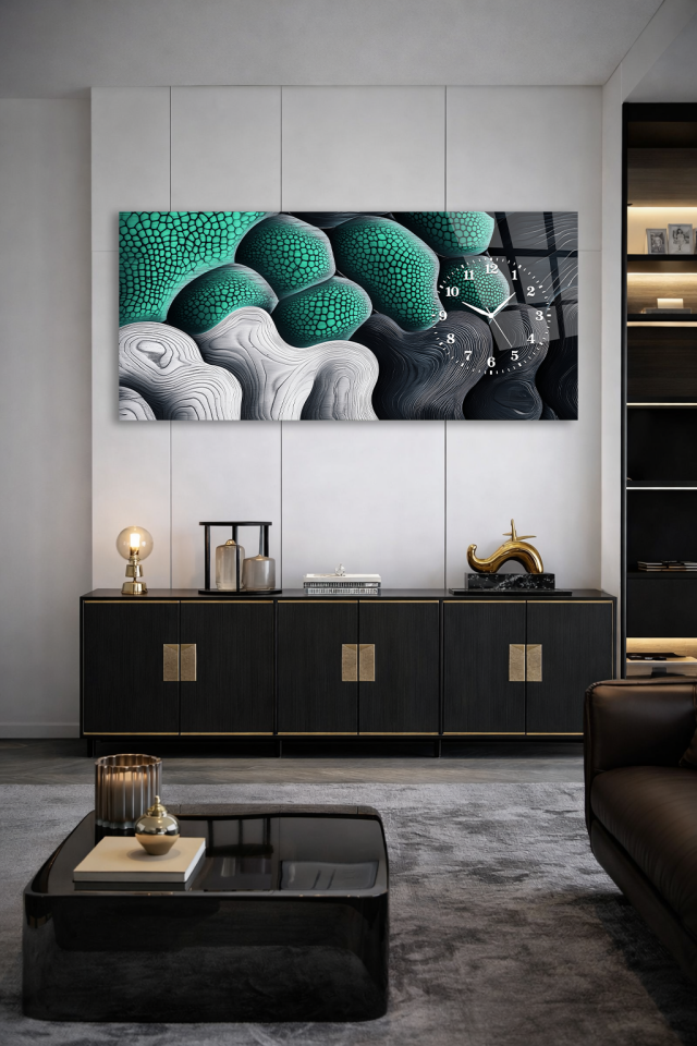 KIRILMAZ CAM DUVAR SAATİ , HEM TABLO HEM SAAT YEŞİL ORGANİK DOKU MODERN EV OFİS HEDİYESİ