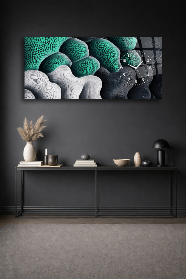KIRILMAZ CAM DUVAR SAATİ , HEM TABLO HEM SAAT YEŞİL ORGANİK DOKU MODERN EV OFİS HEDİYESİ