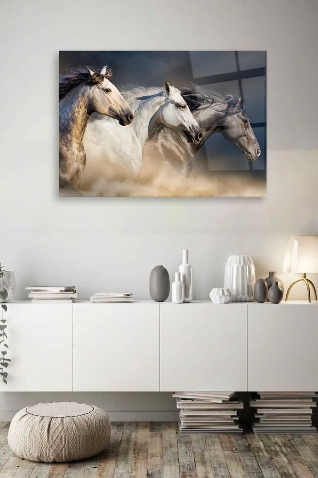 Dört Nala Koşan Atlar Cam Tablo Renkli