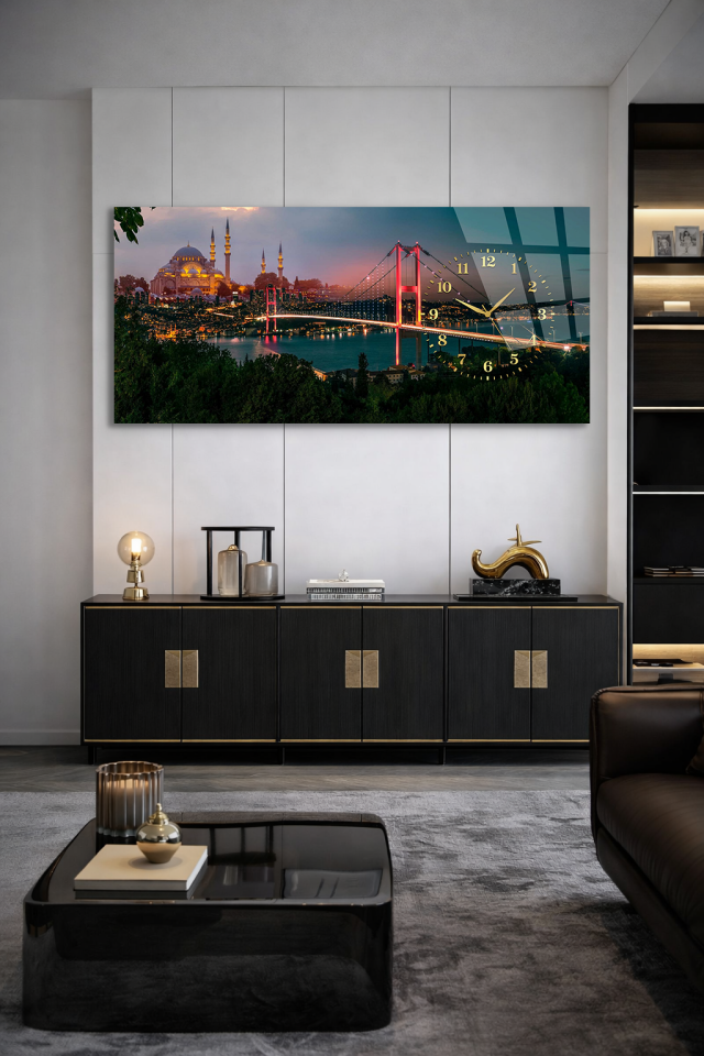 KIRILMAZ CAM DUVAR SAATİ , HEM TABLO HEM SAAT İSTANBUL BOĞAZI MANZARASI EV OFİS HEDİYESİ