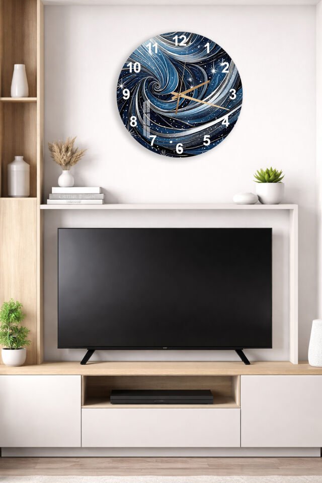 KIRILMAZ CAM DUVAR SAATİ, HEM TABLO HEM SAAT MAVİ GALAKSİ UZAY KOZMİK TASARIM EV OFİS HEDİYESİ