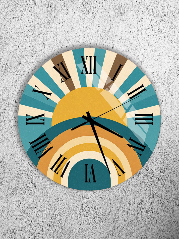 KIRILMAZ CAM DUVAR SAATİ, HEM TABLO HEM SAAT RETRO GÜNEŞ VE DALGA DESENLİ SANATSAL TASARIM EV OFİS HEDİYESİ