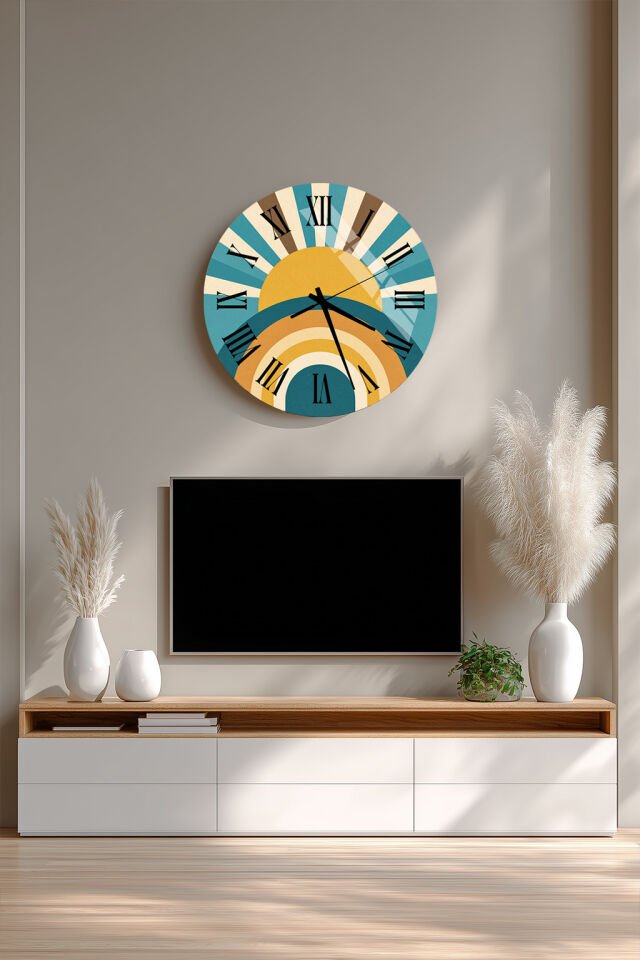 KIRILMAZ CAM DUVAR SAATİ, HEM TABLO HEM SAAT RETRO GÜNEŞ VE DALGA DESENLİ SANATSAL TASARIM EV OFİS HEDİYESİ