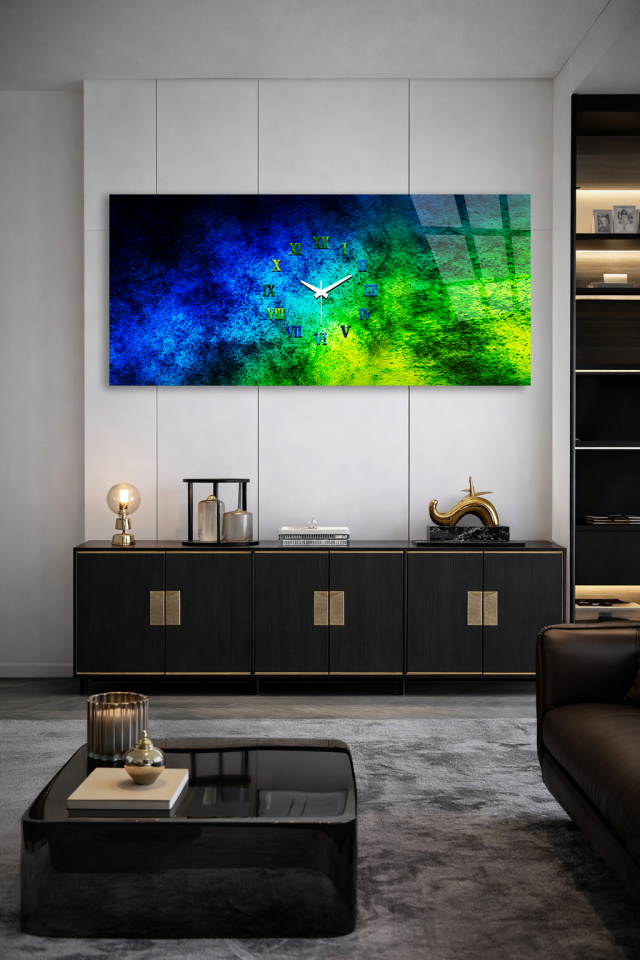 KIRILMAZ CAM DUVAR SAATİ , HEM TABLO HEM SAAT MAVİ YEŞİL SOYUT DOKU EV OFİS HEDİYESİ