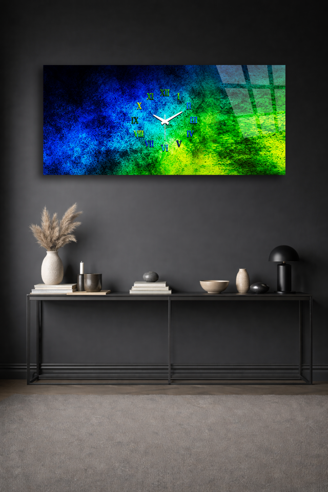 KIRILMAZ CAM DUVAR SAATİ , HEM TABLO HEM SAAT MAVİ YEŞİL SOYUT DOKU EV OFİS HEDİYESİ