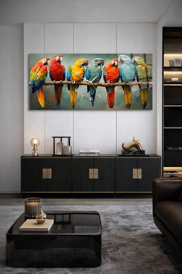 KIRILMAZ CAM DUVAR SAATİ, HEM TABLO HEM SAAT RENKLİ PAPAĞANLAR TASARIM EV OFİS HEDİYESİ