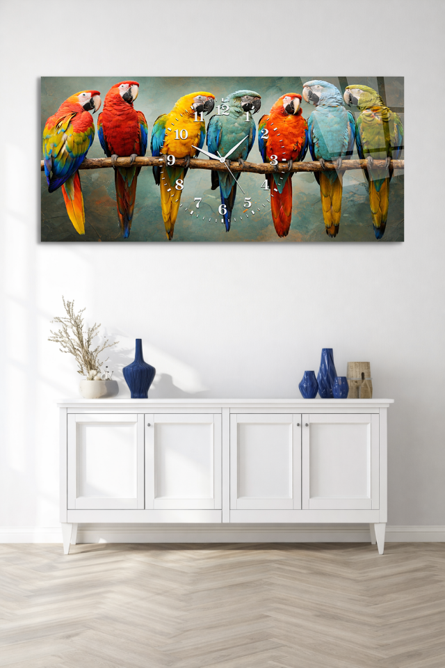 KIRILMAZ CAM DUVAR SAATİ, HEM TABLO HEM SAAT RENKLİ PAPAĞANLAR TASARIM EV OFİS HEDİYESİ