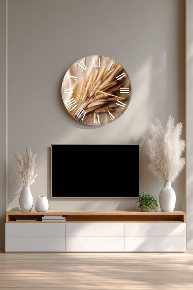 KIRILMAZ CAM DUVAR SAATİ, HEM TABLO HEM SAAT BUĞDAY BAŞAĞI DOĞAL BOHO TASARIM EV OFİS HEDİYESİ