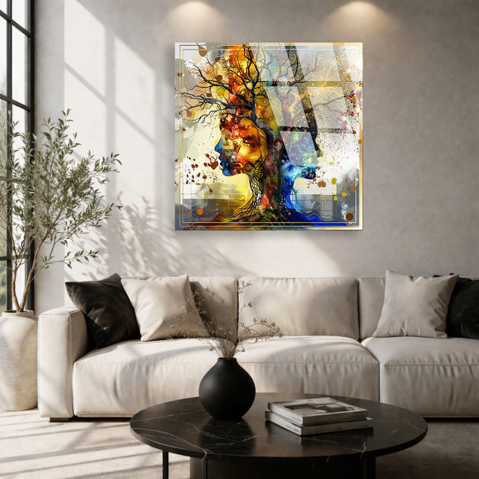 KIRILMAZ CAM TABLO , MODERN DUVAR DEKORASYONU SOYUT YÜZ AĞAÇ SANAT TASARIM EV OFİS HEDİYESİ