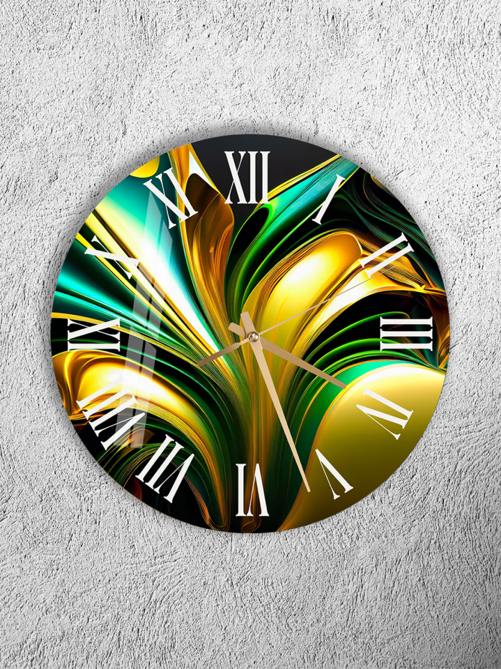 KIRILMAZ CAM DUVAR SAATİ, HEM TABLO HEM SAAT YEŞİL ALTIN AKIŞKAN MODERN SANAT TASARIMI EV OFİS HEDİYESİ